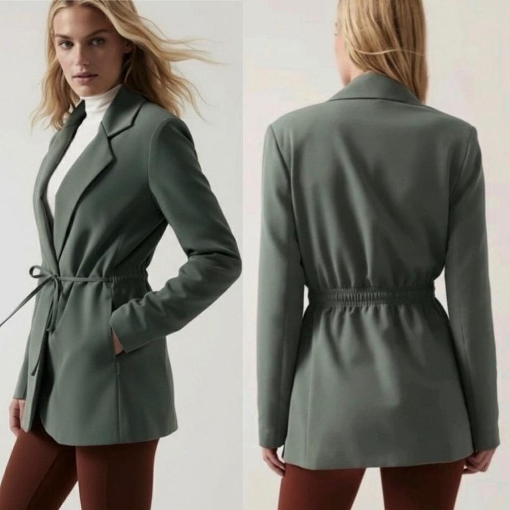 Athleta Prima Twill Blazer Tie Waist Green Olive Size 4